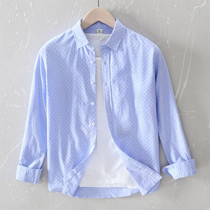 Мини 2020 Мужская рубашка с длинным рукавом в горошек белая небесно голубая