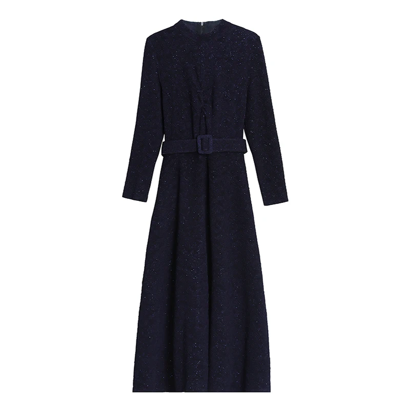 

Women Vintage Blue Long Sleeve Midi Dresses Autumn Winter M-2XL Plus Size Solid Elegant Party Dress