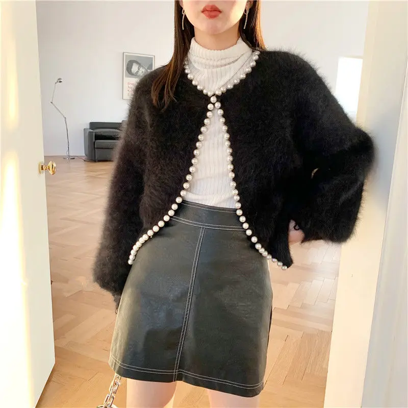 

Black Plush Fall Fox Fur Furry Cardigans Long Sleeve Sweater Loose Coat Casual Cloth Girl Jacket V-neck Tops Clothes for Women
