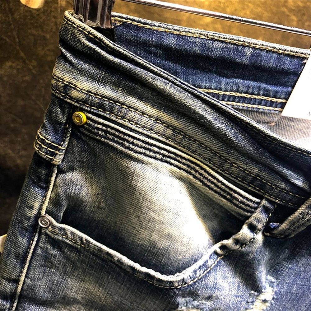 EH · MD®Синие джинсовые шорты с вышивкой мужские хлопковые облегающие брюки белые