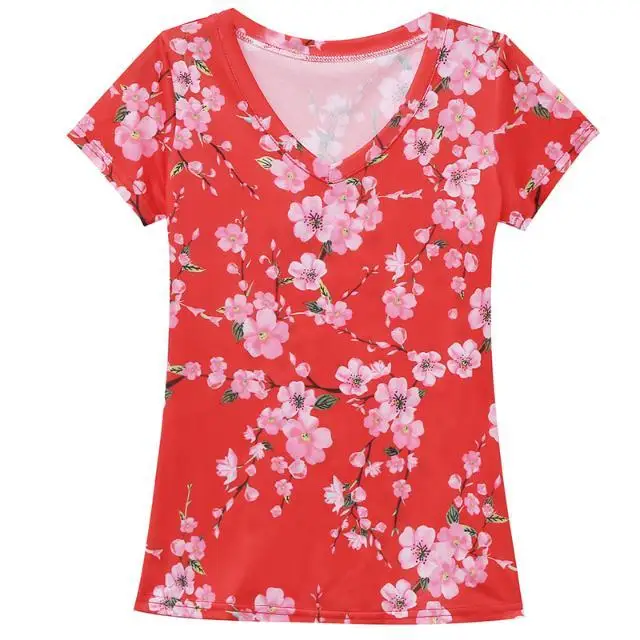 

Summer women's 2021 new belly covering top women's foreign style fashion V-neck short sleeve small floral slim fitting T-shirt