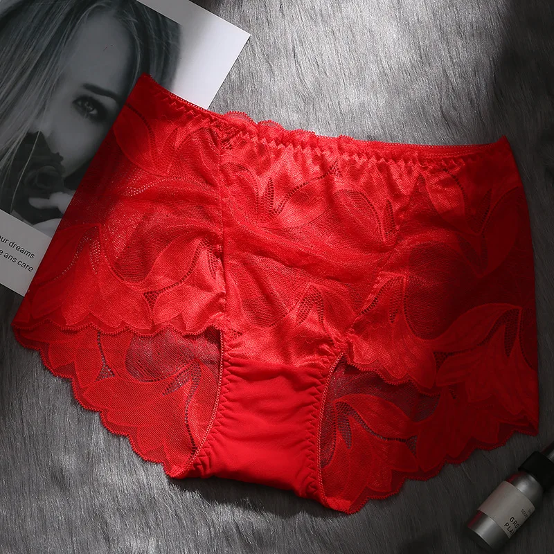 Красный Ropa interior femenina трусики сексуальное женское нижнее белье плюс размер 5XL кружевные цветочные прозрачные полые женские трусики - Цвет: Красный