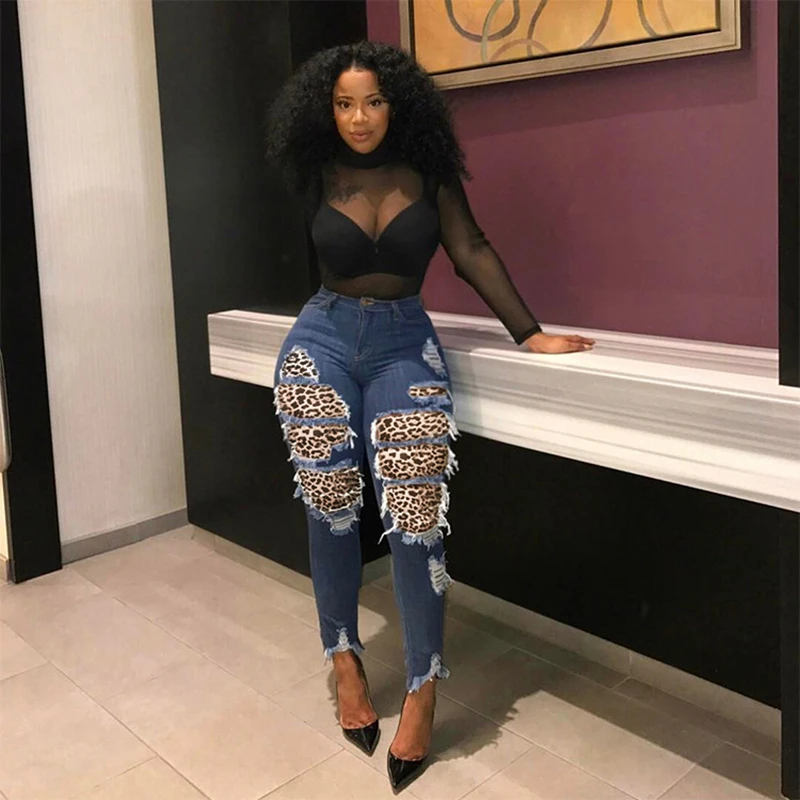 

2021 Street Style Sexy Distressed Pants Hollow Leopard Print Patch Decoration Stretch Skinny High Waist Pencil Jeans Large Size