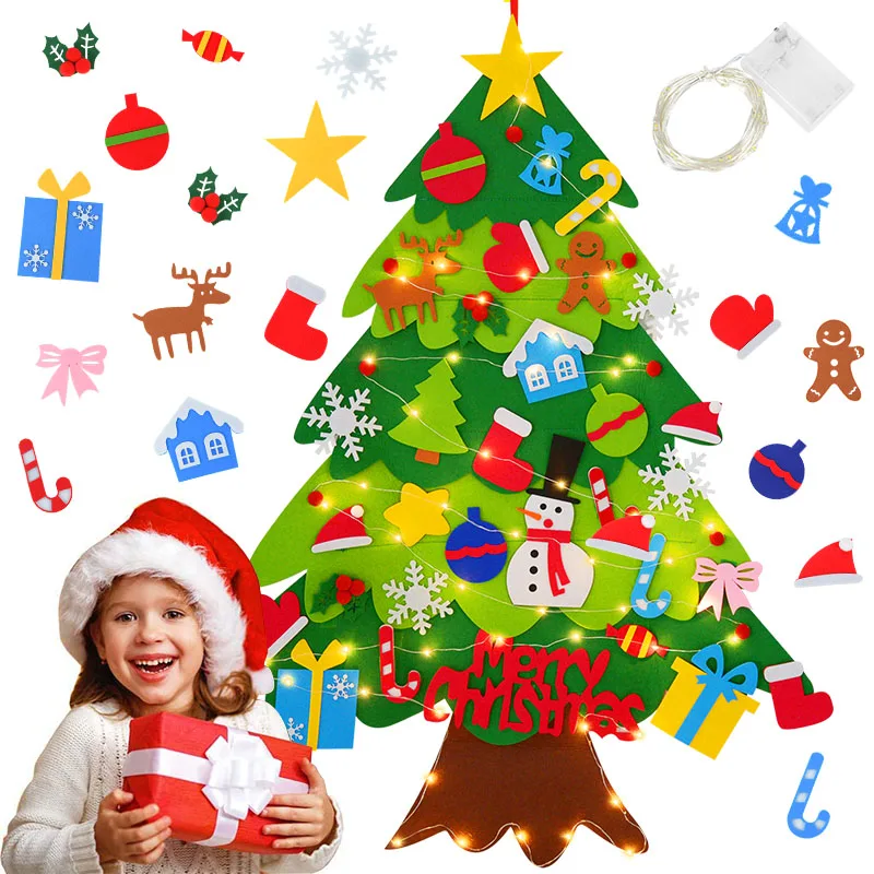 لتقوم بها بنفسك شعرت شجرة عيد الميلاد مع مصباح ليد السنة الجديدة الاطفال دمى هدايا جدار الباب حلي معلقة زينة عيد الميلاد للمنزل Navidad