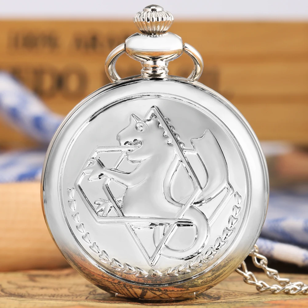 Silver Retro Pocket Watch Necklace Set Chic Flip Quartz Watch Exquisite Pendant Thick Chain Clock Best Gifts Set for Boyfriend