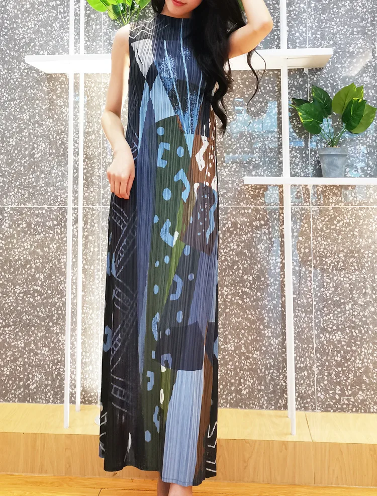 

Pleated Women Summer Pleated Series Digital Print Sleeveless Dress