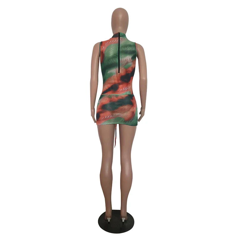 

Kricesseen Causal Print Mesh See Through Skirt Set Women Sleeveless Top And Mini Skirt Suits Beachwear Bodycon Matching Set