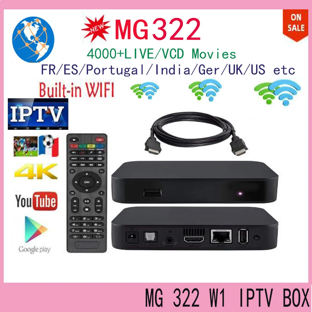 Новейший продукт MG 322 W1 IPTV box Встроенный Wi-Fi телеприставка Linux3.3 открытый GLES2.0, H.265 HEVC с 4000+ французский Испания Германия США