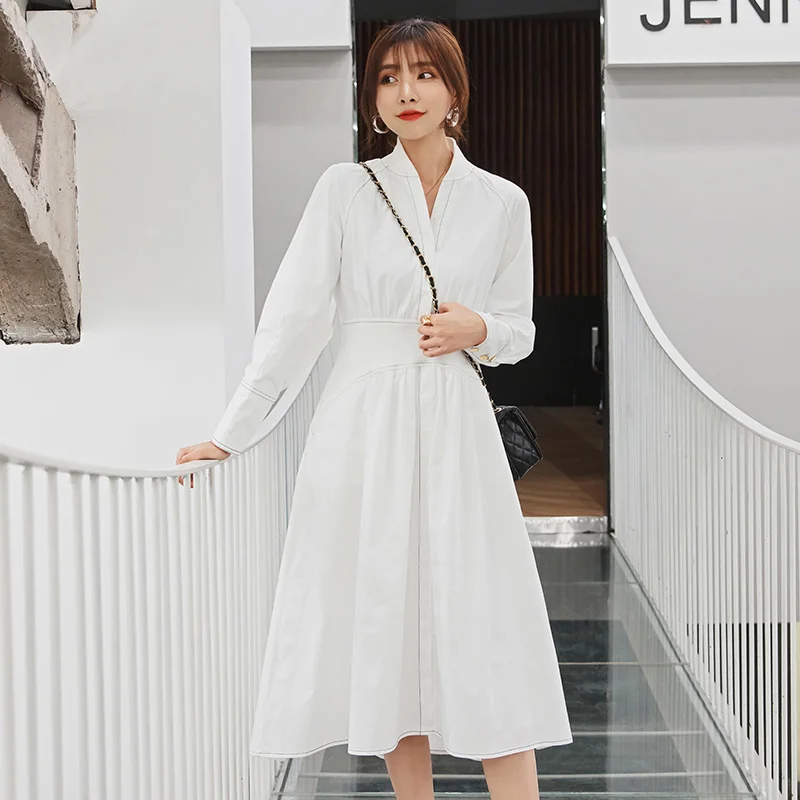 YIGELILA Autumn Fashion White Dress O-neck Full Sleeves Casual Solid Dress A-line Lantern Sleeves Button Mid-calf Dress 65392