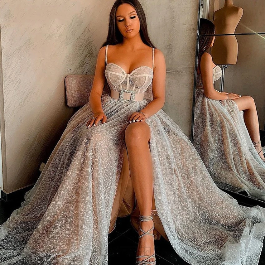 

New A-Line Sweetheart Spaghetti Strap Sparkling Evening Dresses Long Sexy Split Prom Dress Party Formal Ball Gown Robe De Soiree
