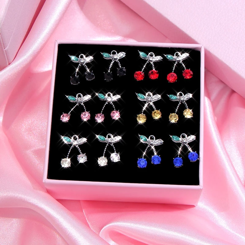 

Colorful Crystal Shiny Rhinestone Cherry Charms Gold Silver Color Metal Fruit Pendant For DIY Cherry Earring Jewelry Accessories