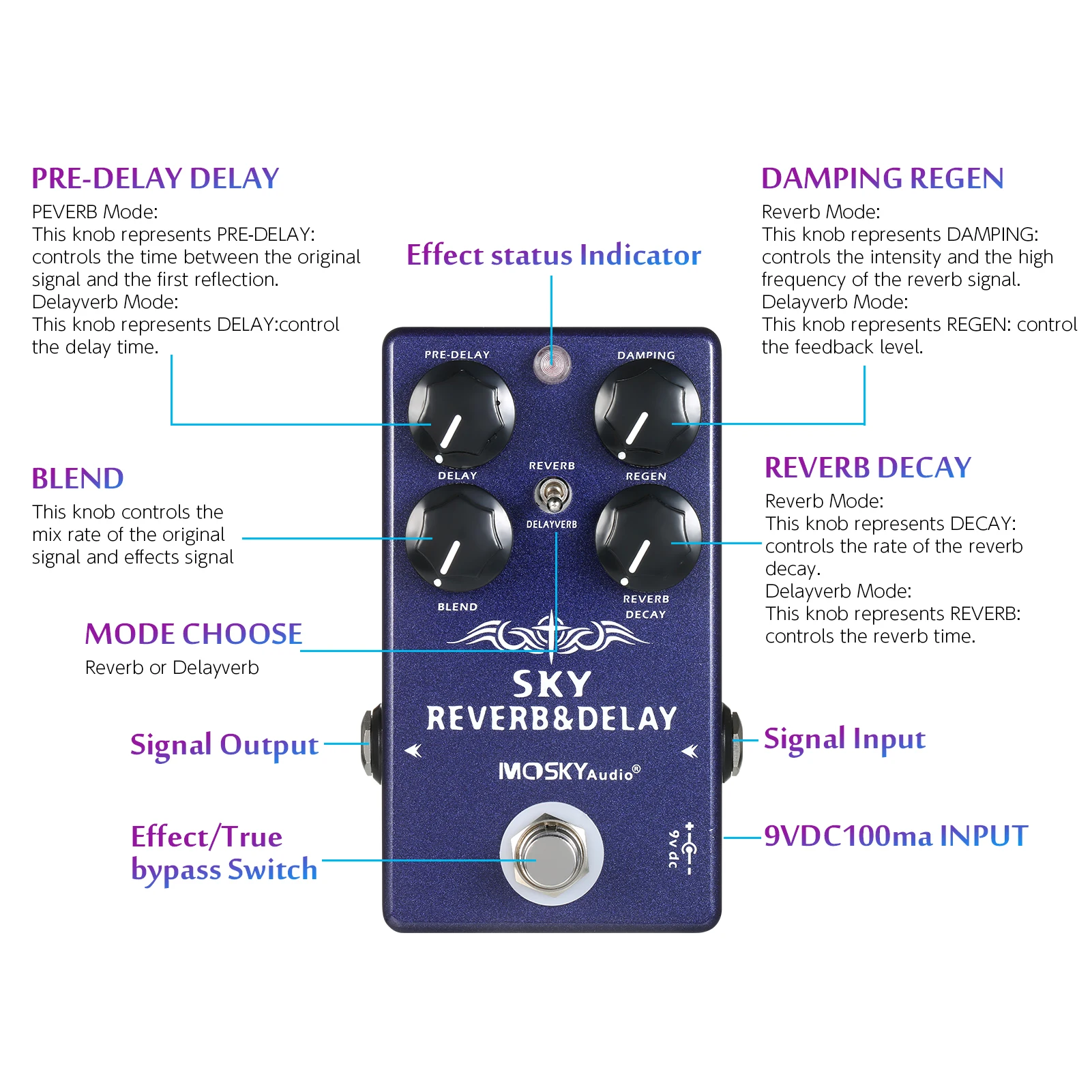 MOSKYaudio 2-в-1 цифровой реверберации и гитарные педали с эффектом Delay истинной