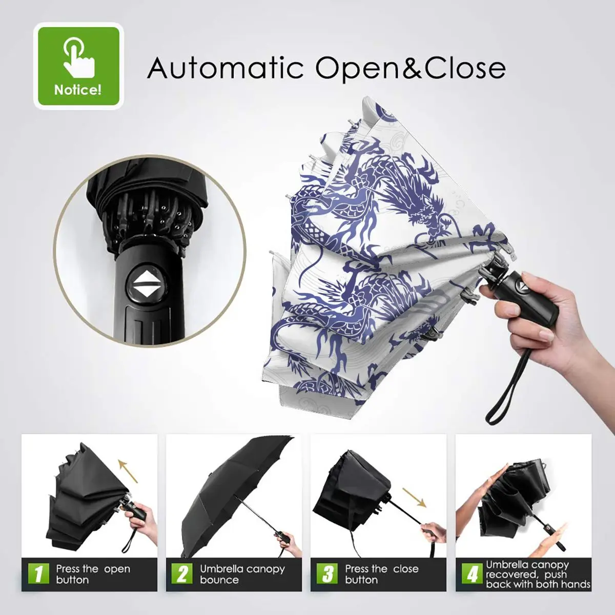 Автоматический Зонт Дождя Женский Трехслойный Японский Узор Дракона Ветронепроницаемый Водонепроницаемый Парасоль.