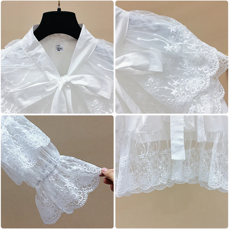 

Solid Sweet Mesh Lace Bow Patchwork Full Shirts Women's 2021 Spring Blouse