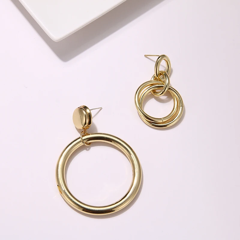 Yhpup Trendy Minimalist CCB Asymmetry Round Circle Gold Dangle Earrings Plated Gold Orecchini Statement Jewelry 925 Women Office