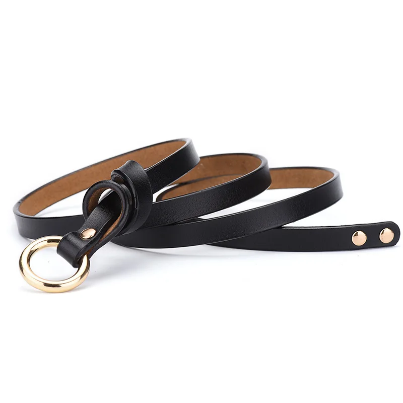 

Womens Genuine Leather Designer Belt for Jeans Dresses Thin Skinny Waist Belt with Gold Ring Ladies Casual Knotted Buckle Belts