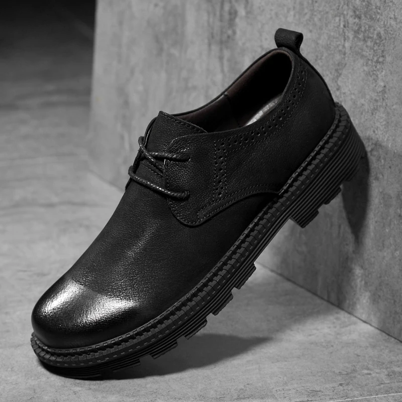 Мужские туфли из натуральной кожи черные коричневые на плоской подошве мужские