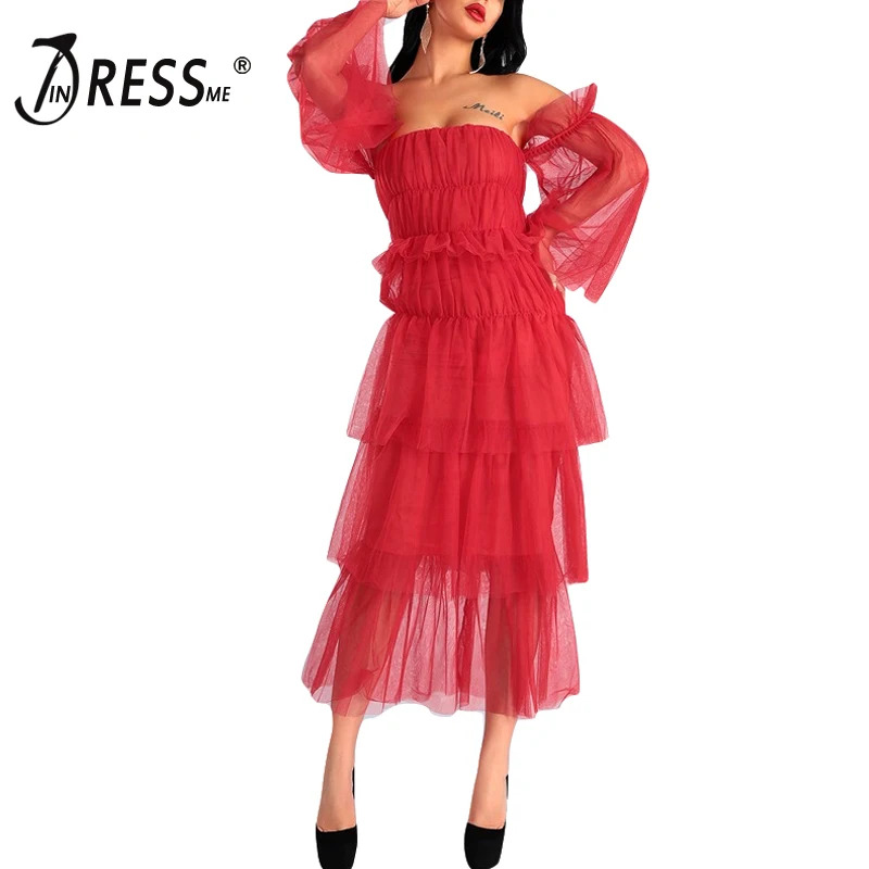 INDRESSME 2019 New Sexy Off The Shoulder Slash Lace Long Sleeves Ball Gown Red Tiered Mesh Dress Women Party Ankle Length | Женская