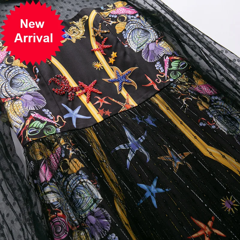

Fashion Runway Summer Club Dress Women Transparent Long Sleeve Beading Starfish Print Lady Black Sexy Mesh Dress