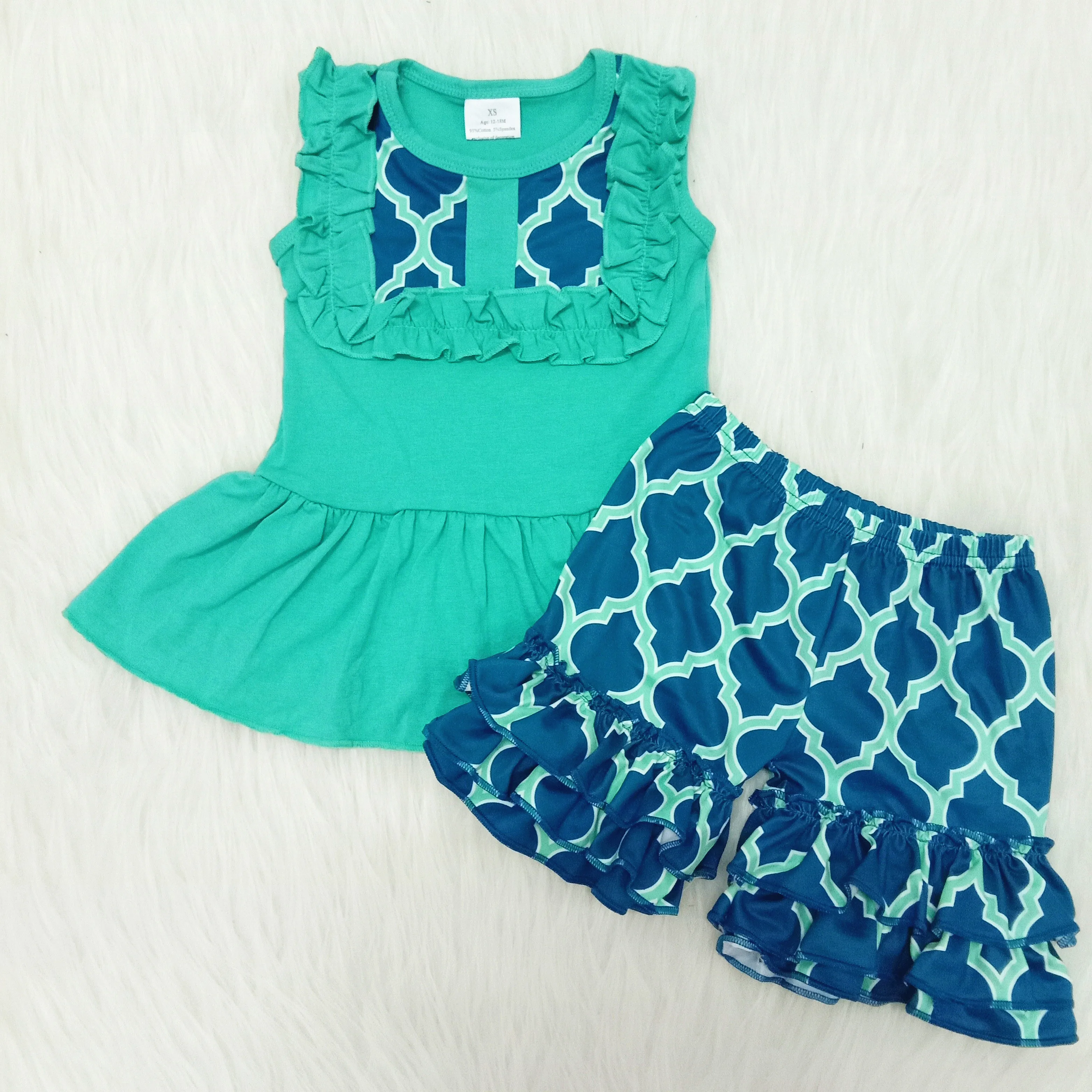 

Children's clothing pure green suit small flying sleeves three-layer lace pants fashion boutique suit