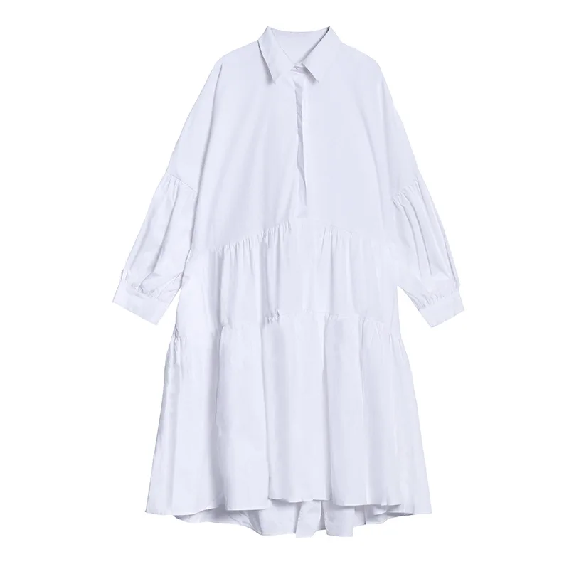 

Johnature Vintage Women Shirt Dresses 2021 Spring New Fashion Turn-down Collar Irregular Loose 3 Colors Women Dress