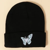 womens butterfly embriodery black beanie hat autumn winter warm knitted hat outdoor streetwear hip hop ski bonnet caps for men