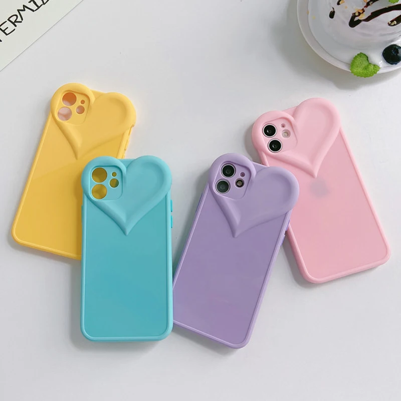 

3D Love Heart Candy Color Phone Cases For iphone 13 12 11 Pro Max SE 2020 8 7 Plus XR X XS Max Case Silicone Soft TPU Back Cover