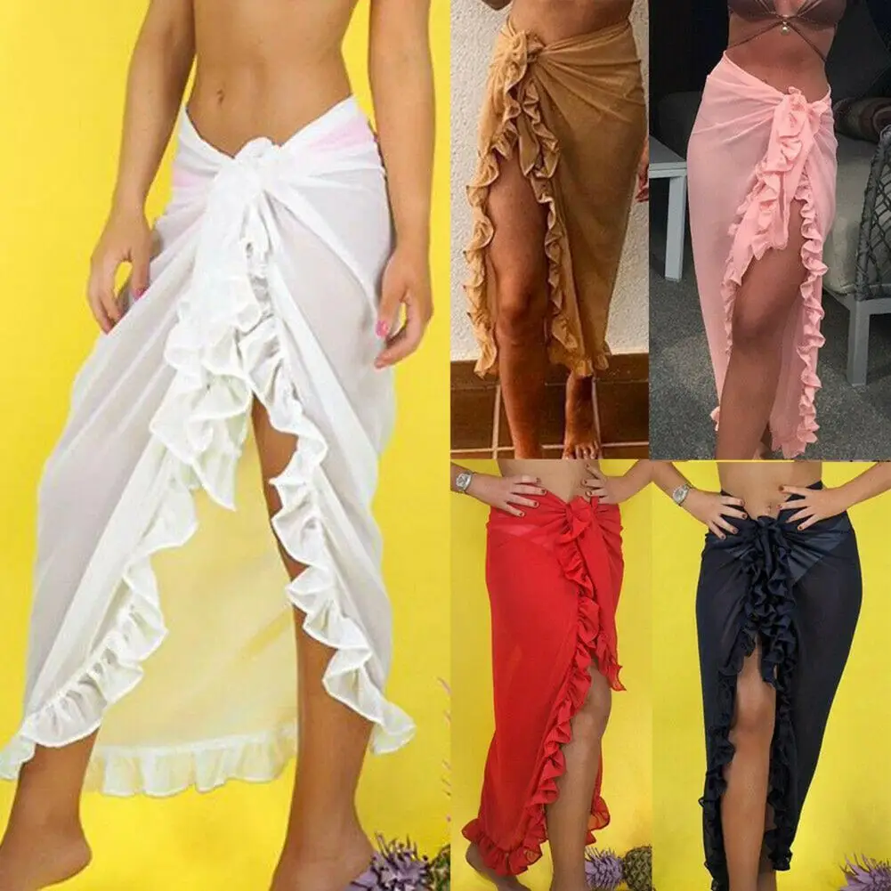 

bikini cover up beach dress beachwear See-Through Beach Cover Up Solid Color Women Ruffles Sunscreen Bikini Wrap Scarf Beachwear