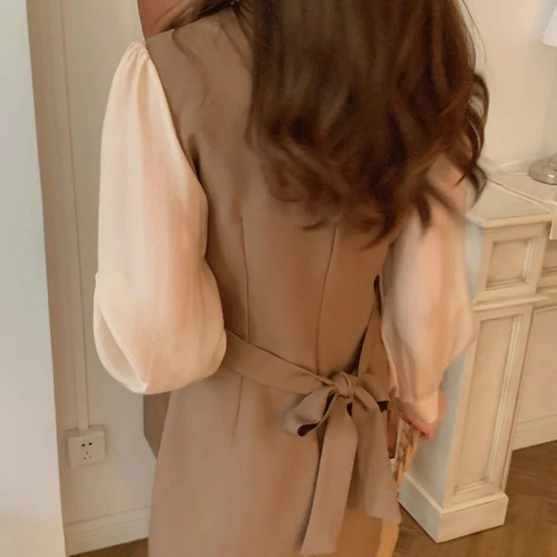 

Women Long Sleeve Dress Design Lace-up V-neck Empire Patchwork Elegant Mini Dresses Female All-match Fashion Gentle Spring Chic
