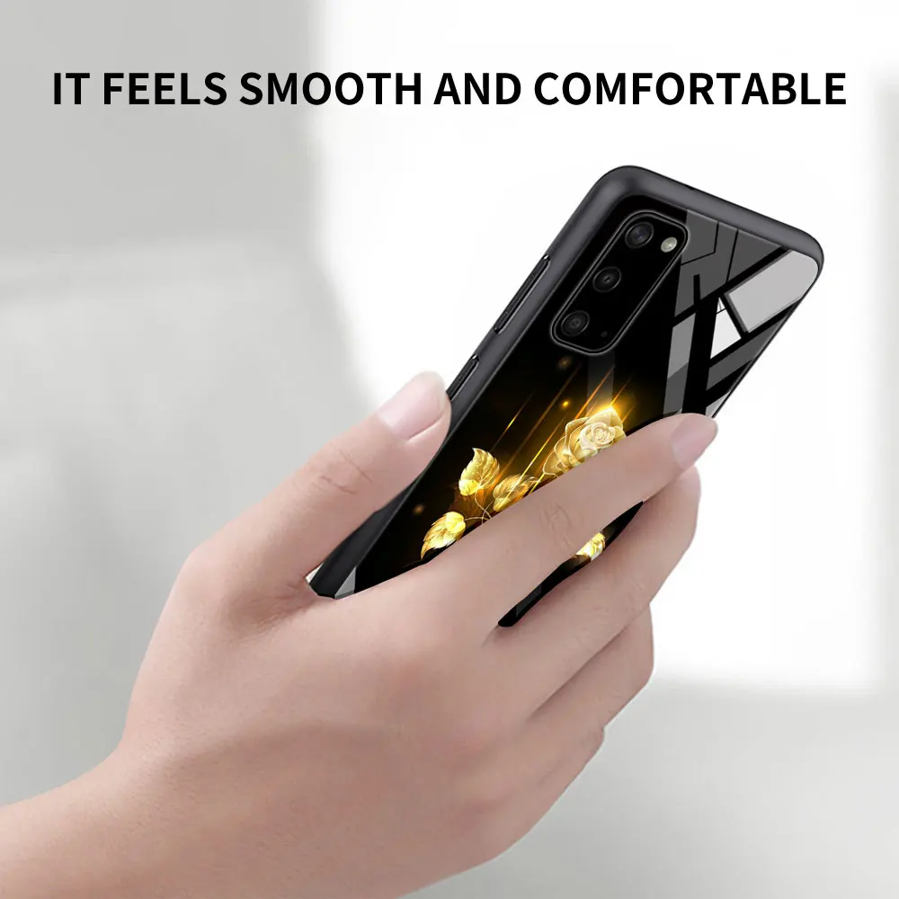 

Glass Case For Samsung Galaxy S21 S20 FE S10 S9 S8 Plus Note 20 Ultra 10 Lite 9 Black Phone Coque Sac Bright Red Rose Flowers