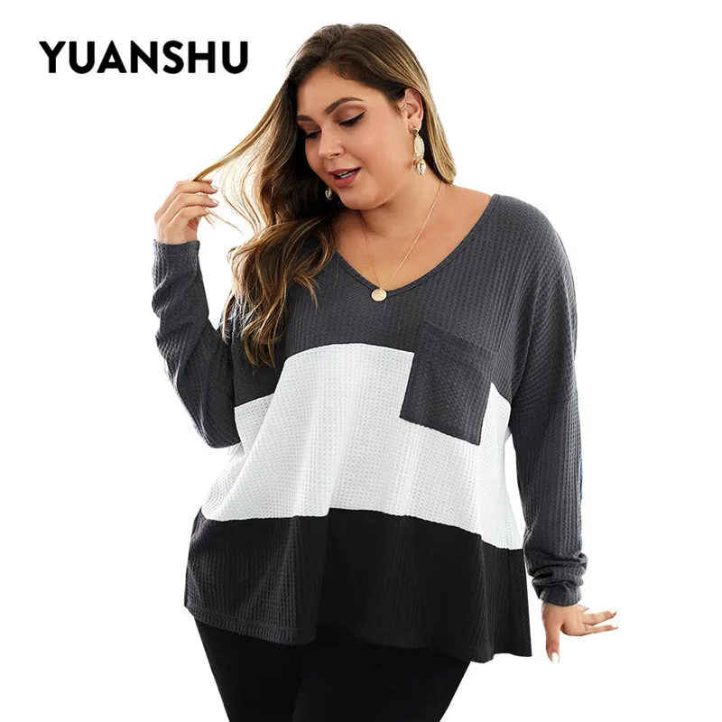 YUANSHU Fashion Striped Patchwork Knitted Plus Size Blouse Women V Neck Pocket High Quality Loose Tops XL-4XL Large Blouses | Женская