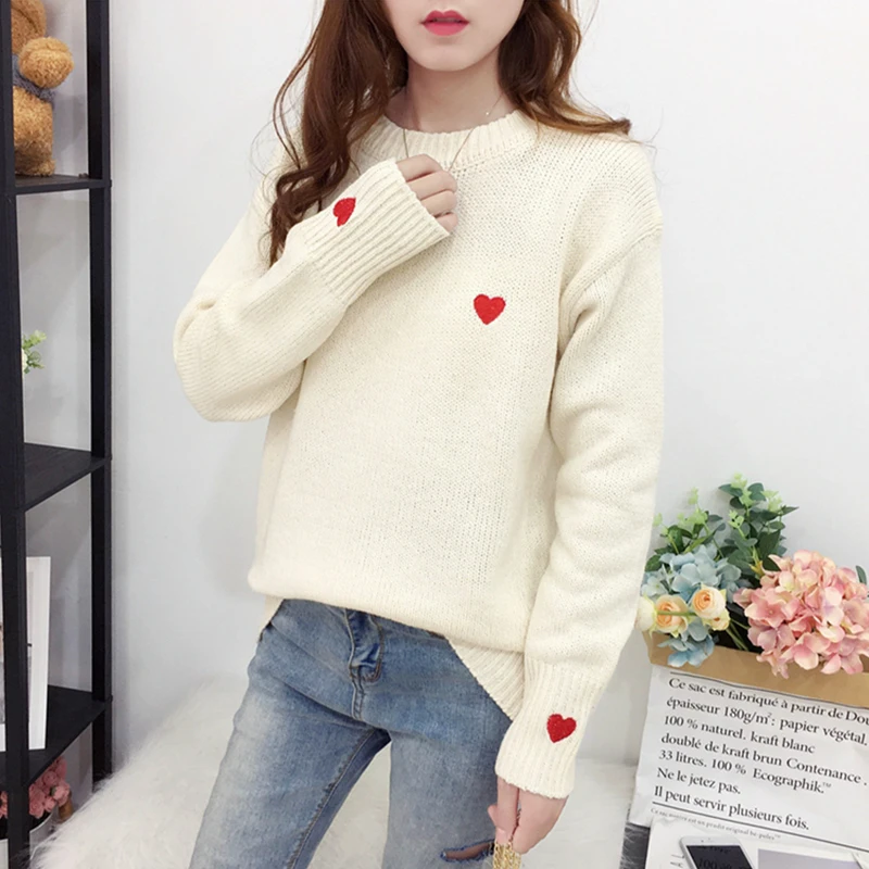FMFSSOM Autumn Winter Knitted Heart Printed Women Pullovers Sweater Casual Woolen Warm O-neck Long Sleeve Female | Женская одежда