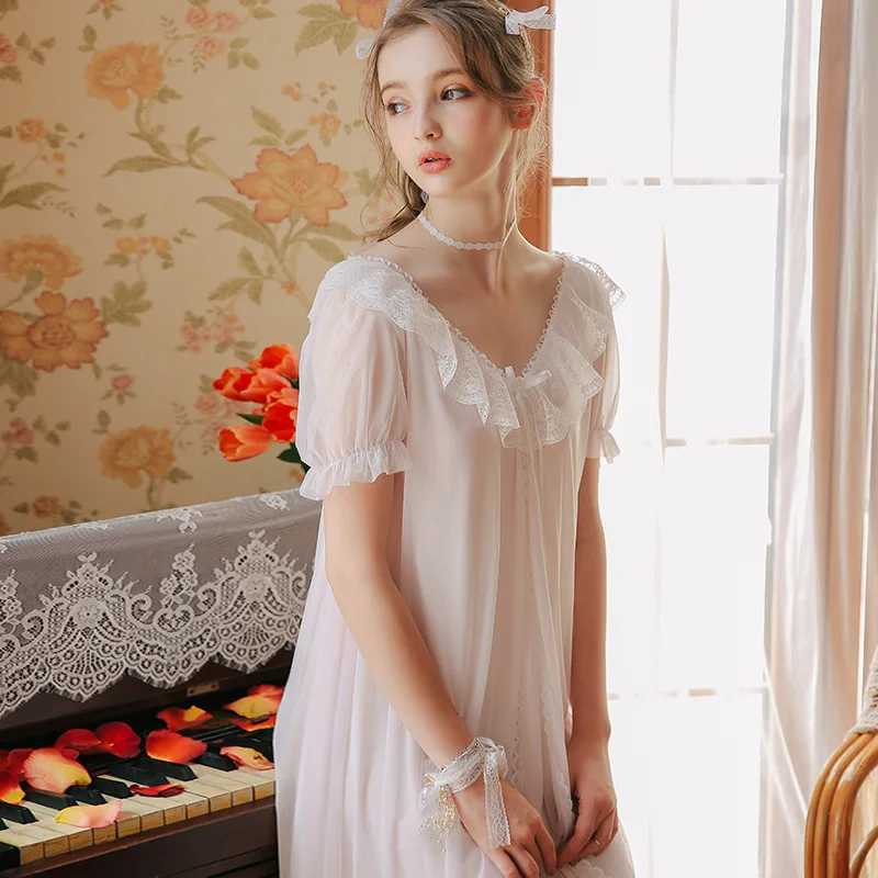 Roseheart Women Homewear White Pink Sexy Sleepwear Nightdress V Neck Lace Nightwear Long Luxury Nightgown Female Court Gown