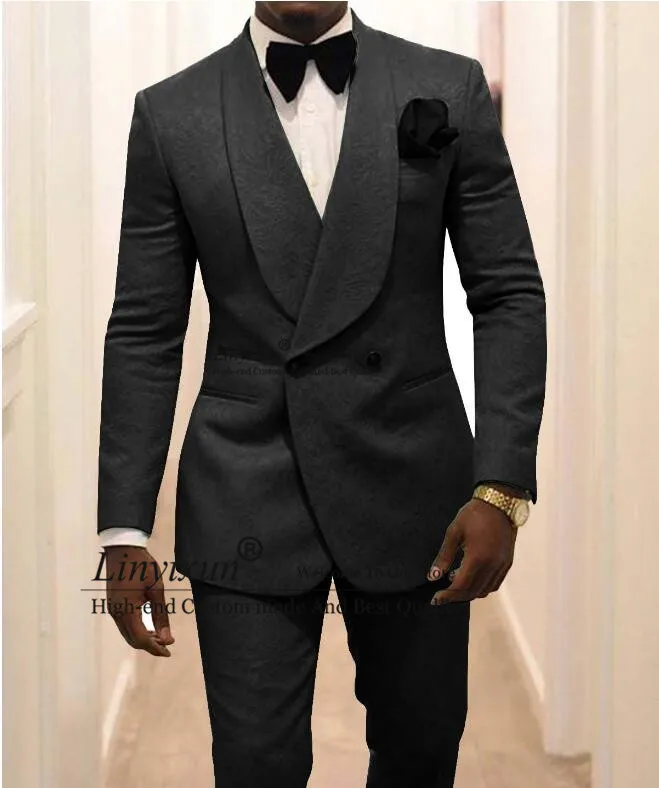

New Arrival Groomsmen Black Pattern Groom Tuxedos Shawl Lapel Men Suits 2 Pieces Wedding Best Man ( Jacket+Pants+Tie )