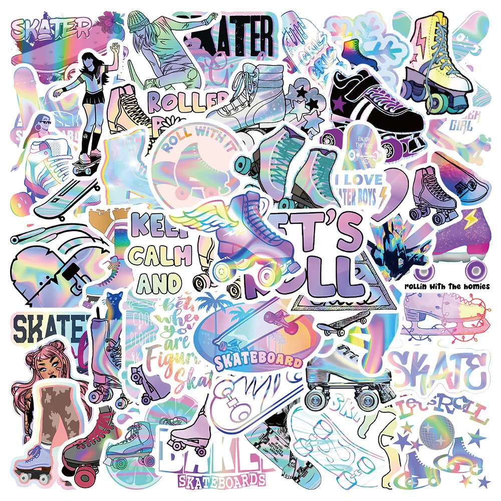 

10/30/50PCS Holographic laser girl skating Stickers DIY Bike Travel Luggage Phone Laptop Waterproof Funny Sticker Decals Toys