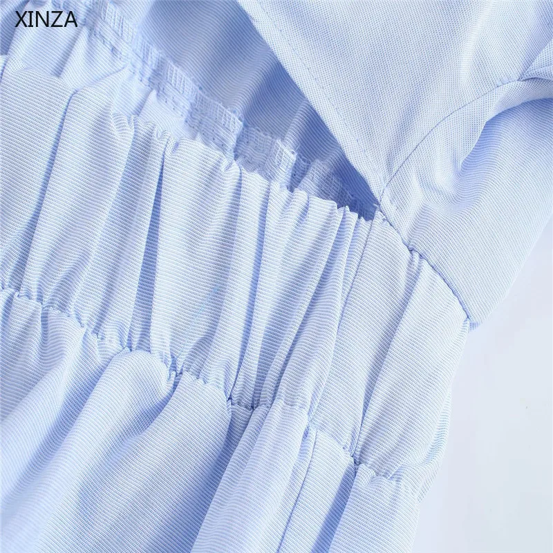 

2021 Za Women Knot Summer Jumpsuit Short Sleeve Cut Out Sexy Jumpsuits Chic Elastic Wsiat Button Up Vintage Sky Blue Playsuits