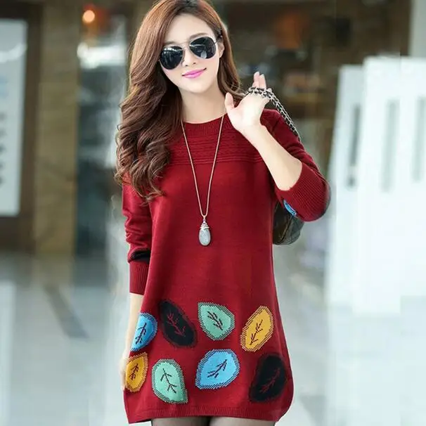 Женский свитер платье 2020 нового размера плюс длинный пуловер тонкий рукав больше