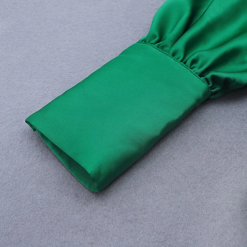 

Green Fashion Ruched Satin Dress 2019 Latest Elegant High Collar Long Sleeve Bodycon High Quality Celebrity Party Women Dresses