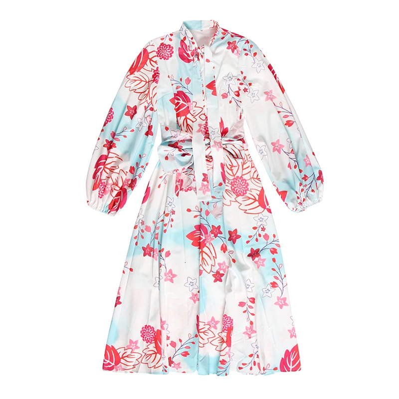 CHICEVER/осеннее платье с принтом и бантом для женщин рукавами фонариками круглым