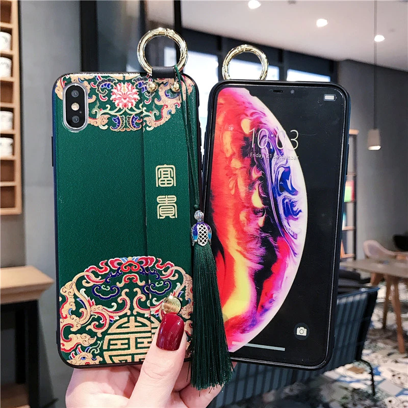Китайский дворец Стиль телефон чехол для iPhone 11 Pro XS Max X XR 8 7 Plus Мягкий 6 6S Wristband