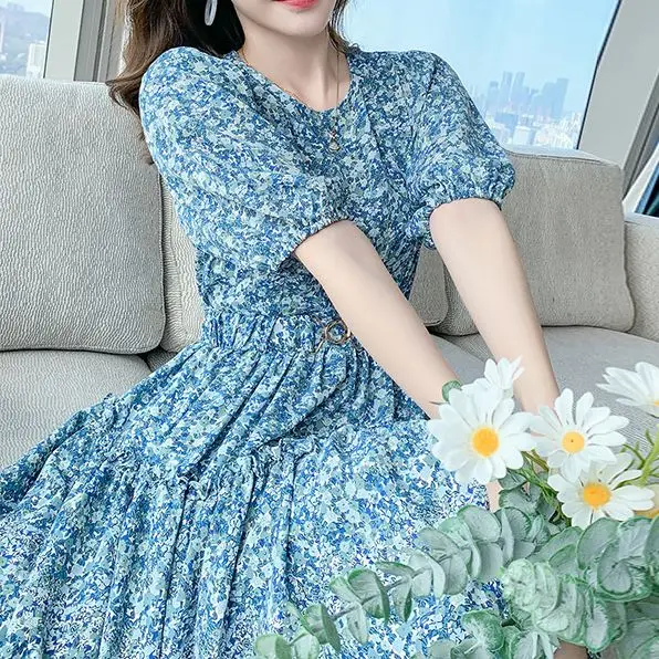

Summer Fashion Floral Ladies Dress Blue Lotus Leaf Elegant Floral Print Lace O-Neck Short Sleeve Dress 2021 Ladies Clothing Y2k