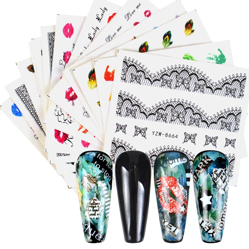 

1 Sheet Nail Stickers Mixed Feather Lips Lace Nail Art Water Transfer Decals Tattoos Sliders Manicure