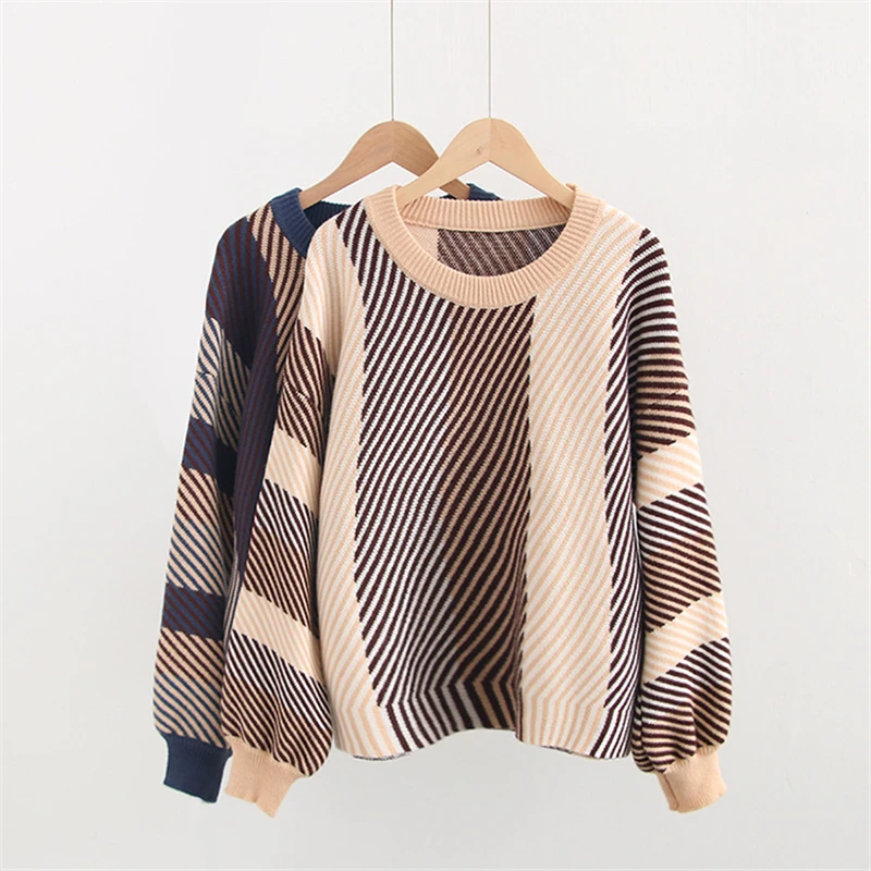 

2019 New Women Sweater Winter Warm Knitted Loose Jumper Tops Fashion Color Block Pullovers Lantern Sleeve Stripe Sweaters