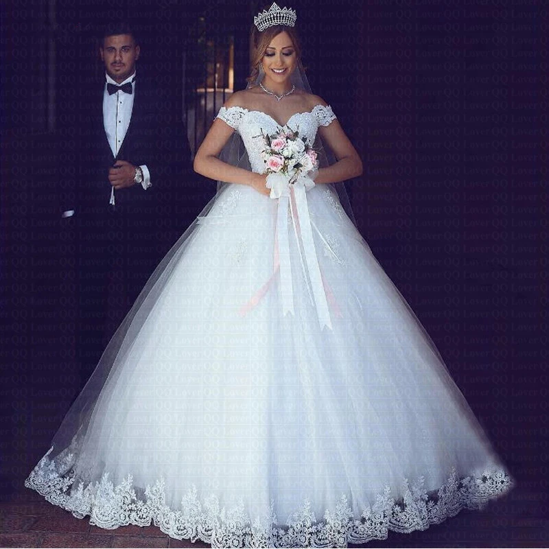 

Lace Appliques Ball Gown Wedding Dresses Off-Shoulder Short Sleeves Vestido De Noiva Lace-Up Wedding Gowns