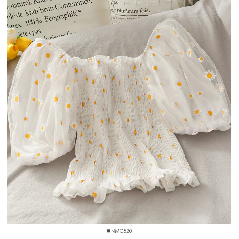

Women Bubble Sleeve Shirts Korea Fashion Small Daisy Embroidery Mesh Shirts Summer Short Sleeve Off Shoulder Navel Shirt Tops