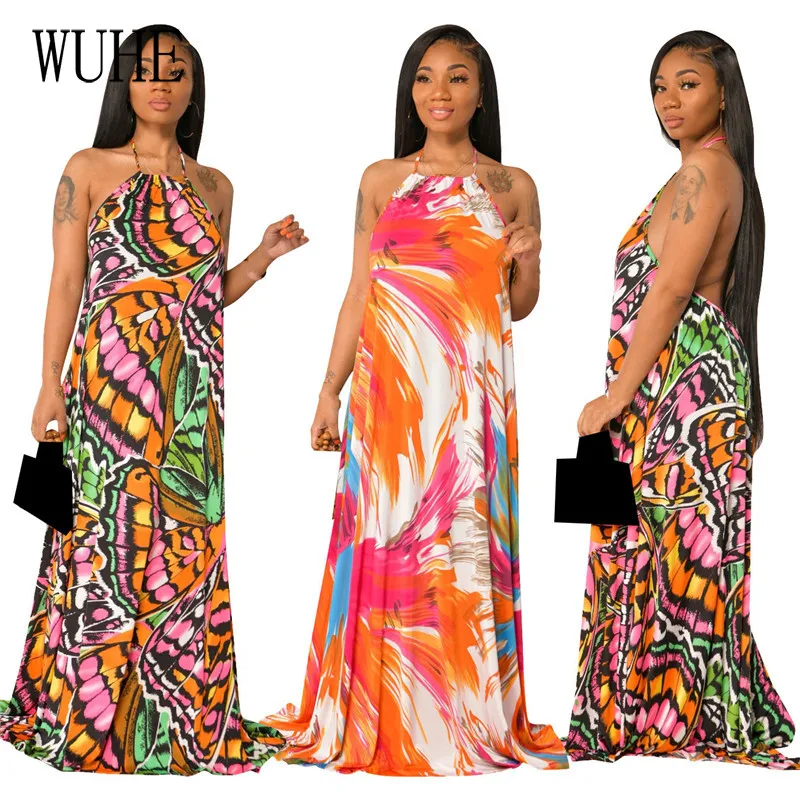 

Женское Повседневное платье макси KEXU с принтом, открытой спиной и воротником Хомутом, без рукавов, богемное сексуальное летнее праздничное ...