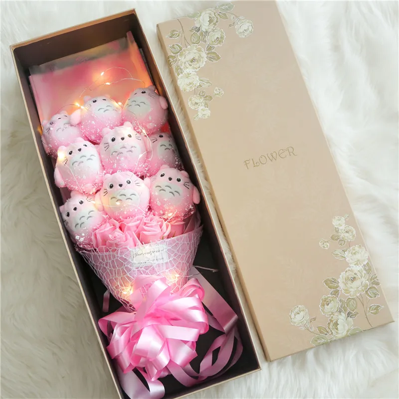 pink totoro LED Новое поступление милый мультипликационный Тоторо Плюшевые игрушки Тоторо букет с искусственными цветами на День святого Валентина свадебные украшения - Цвет: pink totoro LED