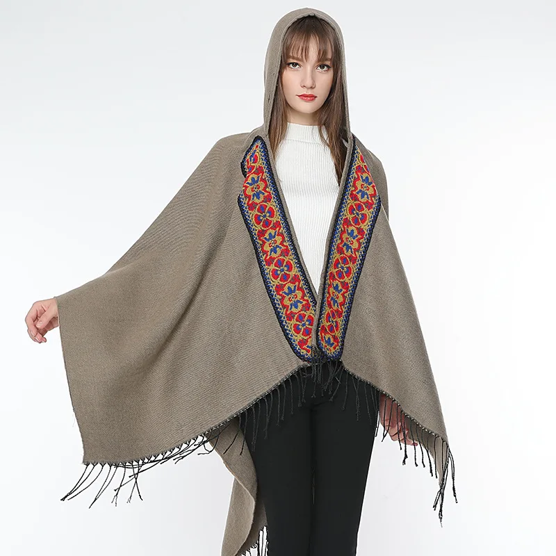 

National style cashmere warm scarf for women in autumn and winter with retro embroidered hooded cape