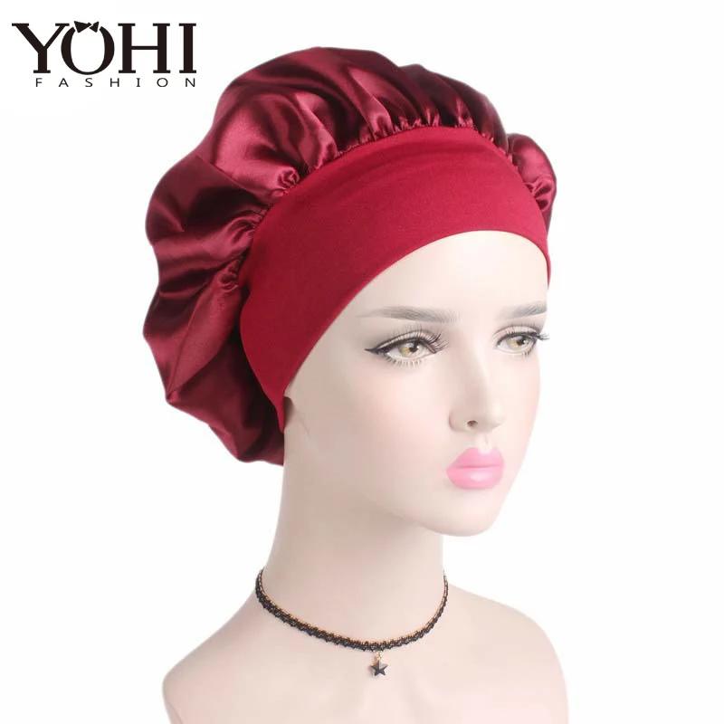 

YOHITOP New fashion Luxury Wide Band women chemo cap Beauty Salon Cap Night Sleep Cap Head Cover Satin Bonnet Hat Free shipping