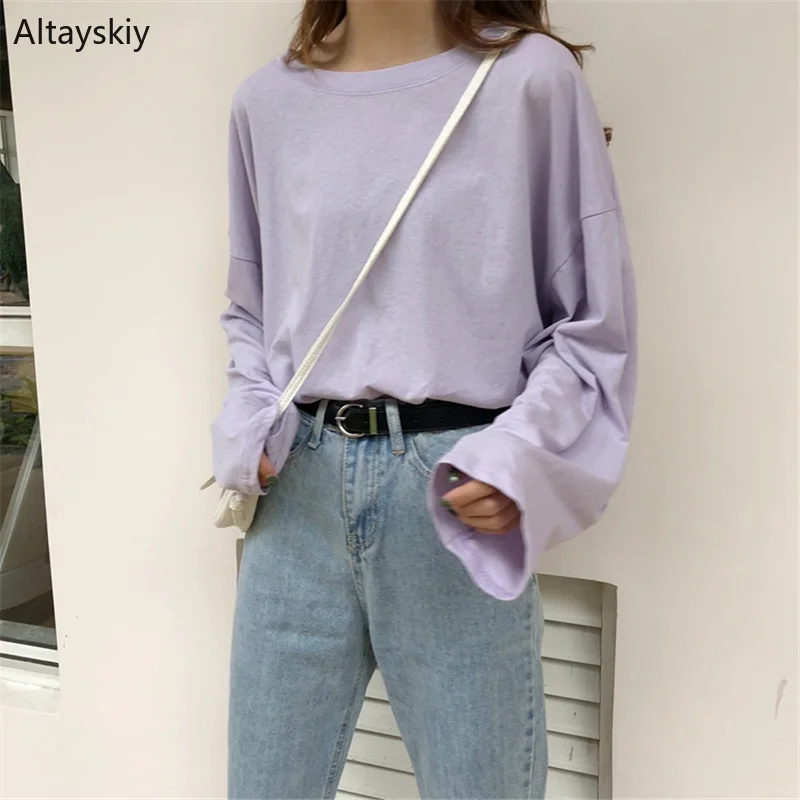 

Футболка женская с длинным рукавом и круглым вырезом, однотонная простая универсальная Повседневная Свободная футболка в Корейском стиле, ...